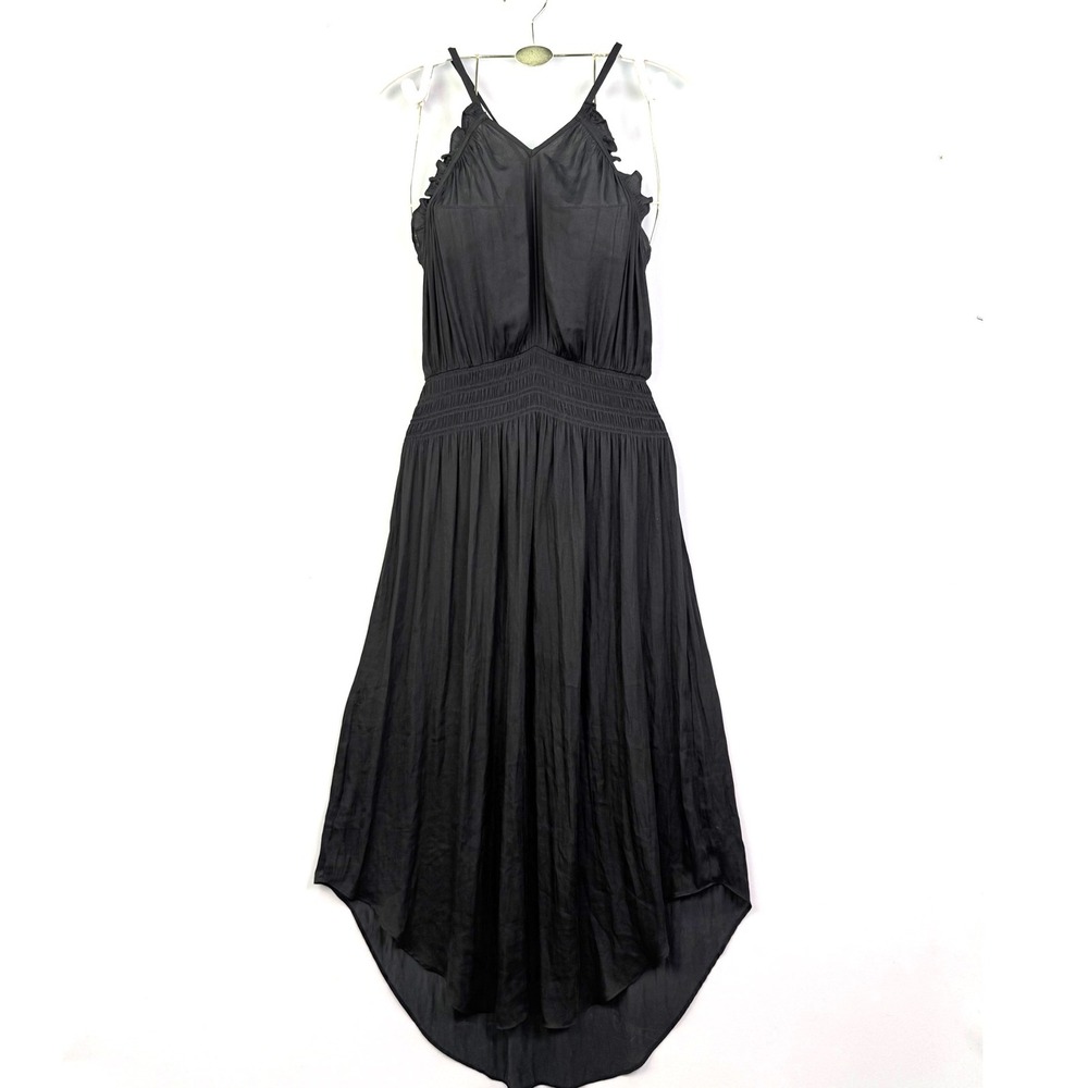 Miou Muse Black Smocked Waist High Low Ruffle Midi Dress Mens Size M
